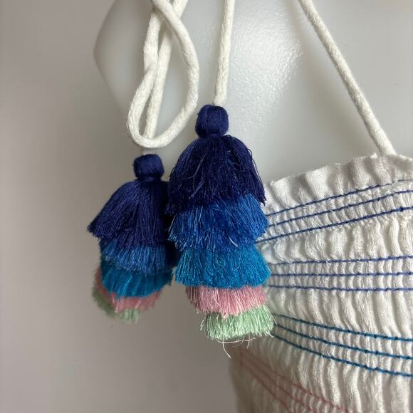 Playa Lucila White Smocked Tassel Spaghetti Strap Tiered Ruffle Maxi Dress Sz XS - Picture 9 of 12